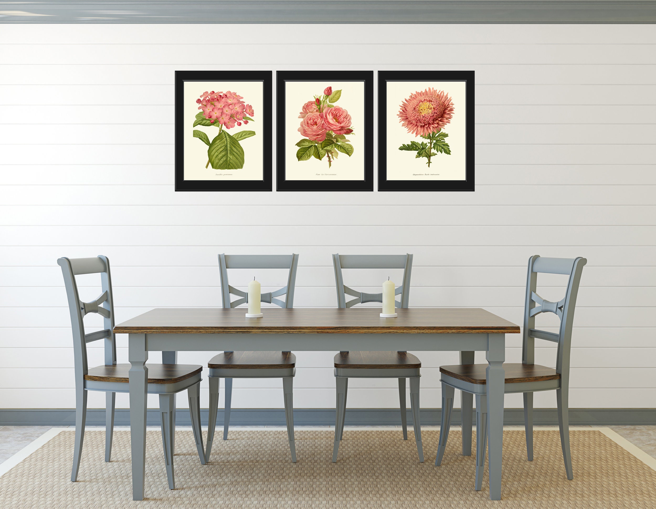 Pink Flowers Botanical Print Set of 3 Prints Beautiful Antique Peach ...