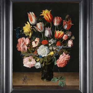May include: A still life painting of a vase filled with a variety of flowers, including tulips, roses, and carnations. The vase is a dark green glass with a black base and is sitting on a wooden table. A dragonfly is perched on the table in front of the vase.