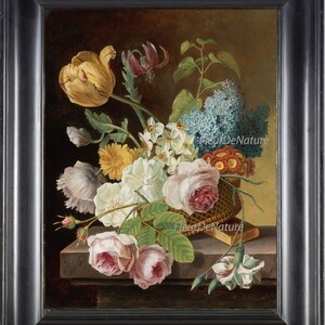 May include: A still life painting of a bouquet of flowers in a wicker basket. The flowers include yellow tulips, white roses, pink roses, white daffodils, blue lilac, and red and yellow flowers. The flowers are arranged on a stone ledge with a book in the foreground.