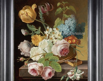 BOTANICAL PRINT 8x10 Art Print JFD2 Beautiful Antique Flowers Pink Yellow Violet White Roses French Spring Summer Garden Wall Decor to Frame