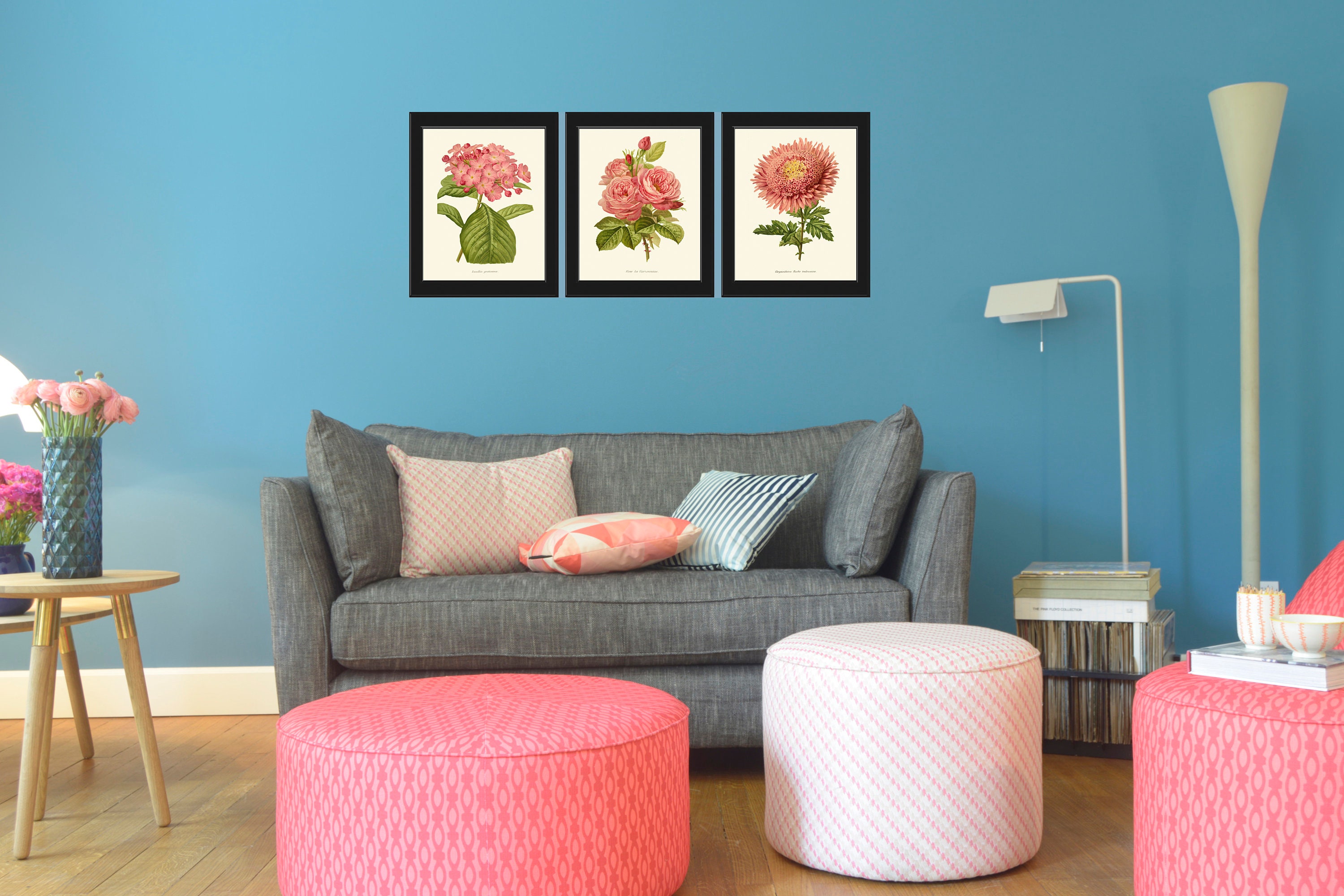 Pink Flowers Botanical Print Set of 3 Prints Beautiful Antique Peach ...