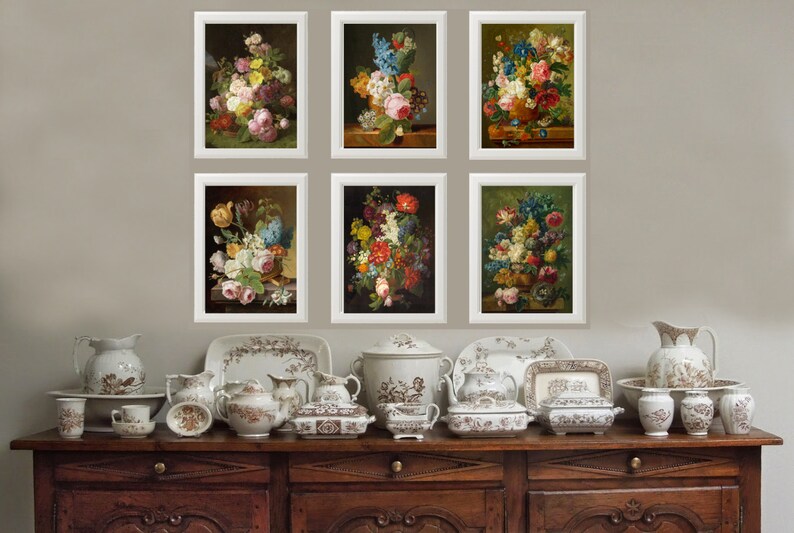 Flower Print SET of 6 Botanical Art Print 8X10 JFD Antique Pink Roses ...