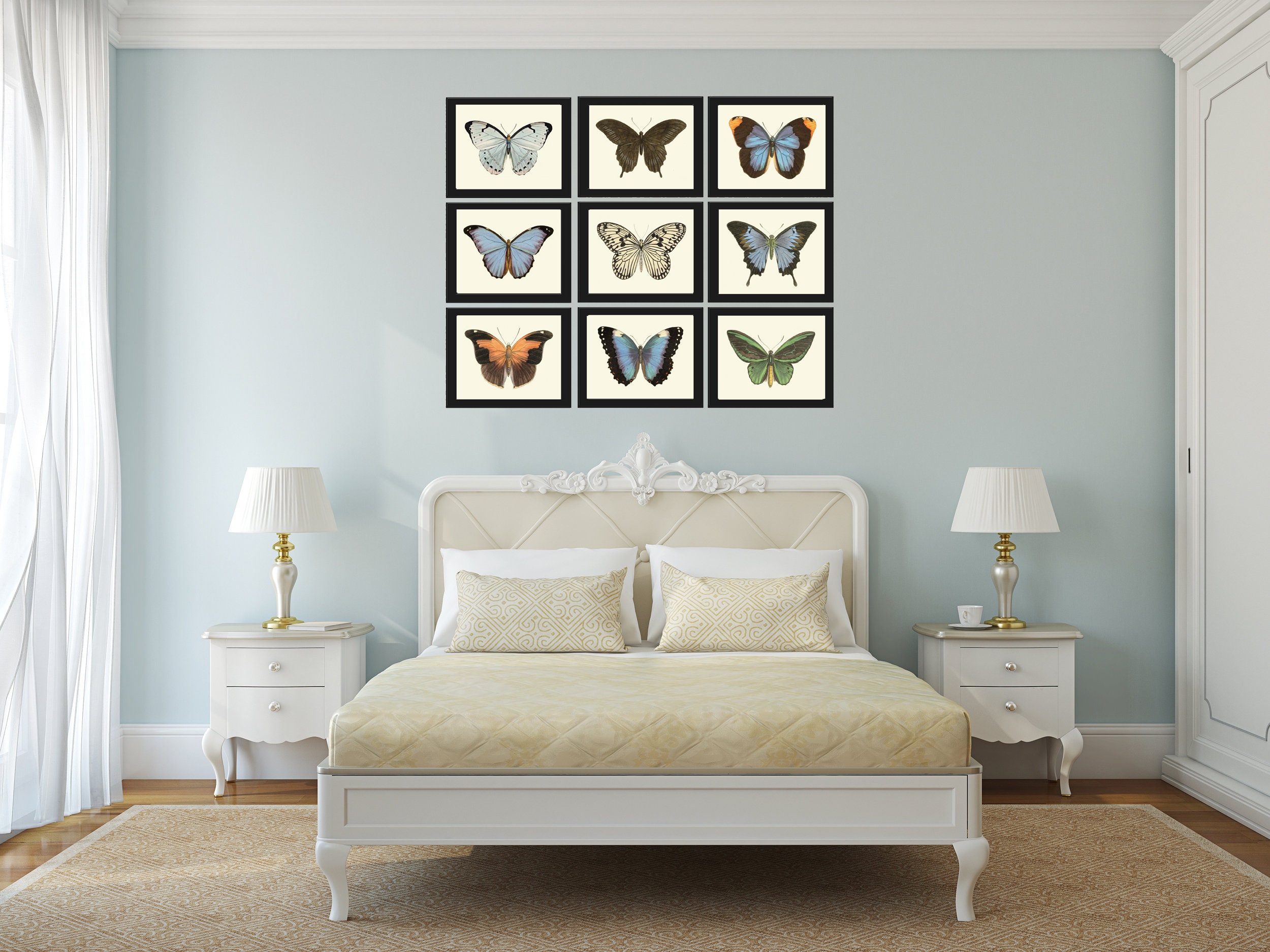 Butterfly Wall Art Print SET of 9 Beautiful Antique Vintage Blue ...