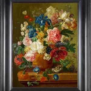 May include: A still life painting of a vase filled with a variety of colorful flowers, including roses, tulips, irises, and carnations. The vase is brown and has a decorative design. The flowers are arranged in a symmetrical pattern, and the painting is set against a dark green background. The painting is signed "P.F. Bagel f." in the lower right corner.
