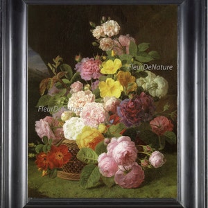 May include: A still life painting of a basket overflowing with a variety of colorful roses, including pink, red, yellow, and white roses. The roses are arranged in a basket with green leaves and stems. The background is a dark brown.