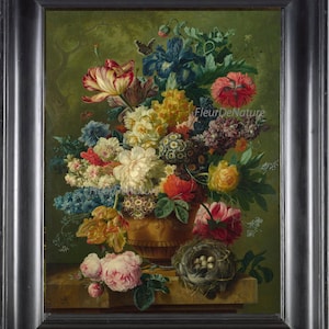 May include: A still life painting of a vase filled with a variety of colorful flowers, including tulips, irises, and roses. The vase is on a stone ledge, and there is a bird's nest with eggs in the foreground. The background is a green landscape.