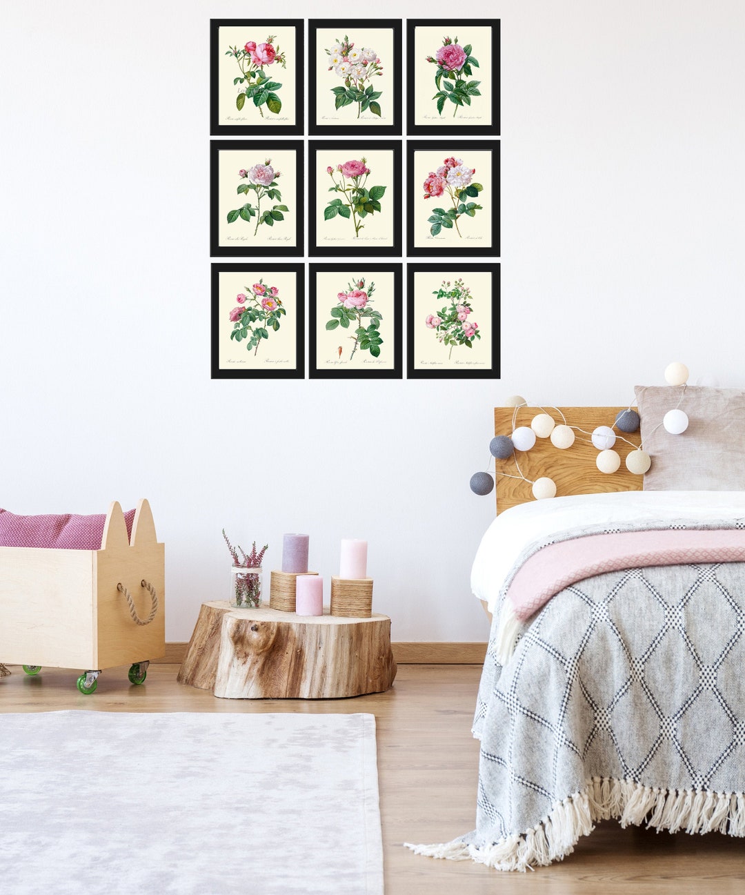 Vintage Roses Botanical Print Set of 9 Wall Art Prints Pink White ...