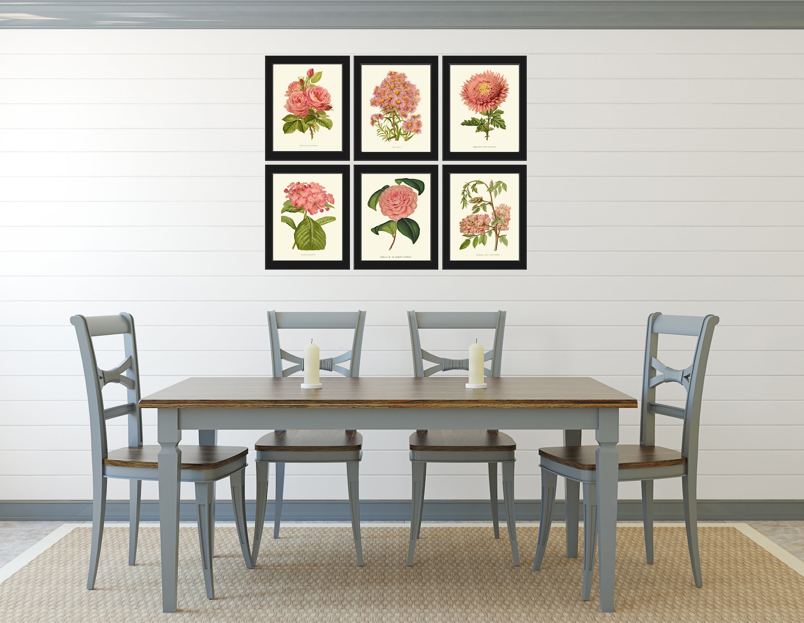Pink Flowers Botanical Print SET of 6 Prints Wall Art Beautiful Antique ...