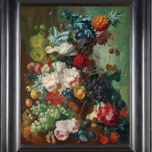 May include: A still life painting featuring a vase overflowing with a variety of flowers, fruits, and greenery. The vase is decorated with a floral pattern and sits on a table with a bird's nest and eggs. The painting is framed in a dark wood frame.