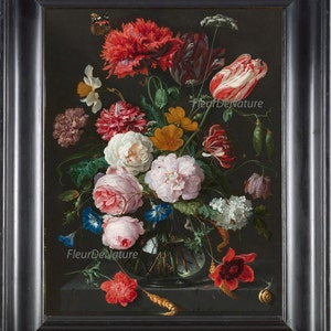 May include: A framed still life painting featuring a vibrant bouquet of flowers in a glass vase. The arrangement includes red, white, pink, and yellow blooms, with a butterfly and snail. The painting has a dark background and is signed "FleurDeNature".