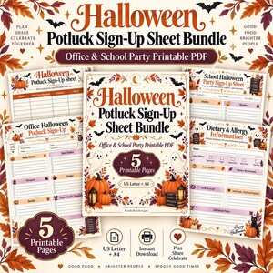 May include: A Halloween Potluck Sign-Up Sheet Bundle featuring five printable pages in US Letter and A4 sizes. The design includes orange pumpkins, white ghosts, autumn leaves, and bats. Text includes Halloween Potluck Sign-Up Sheet Bundle.