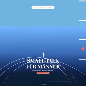 May include: A digital e-book cover featuring a blue gradient background with a white silhouette of a person standing on a curved line. The text reads: E-BOOK 100 GESPRÄCHSFRAGEN PDF DEUTSCH, SMALL TALK FÜR MÄNNER, Endlich wissen, was man sagen soll, Mit 100 Gesprächsfragen, Dennis M., 18.