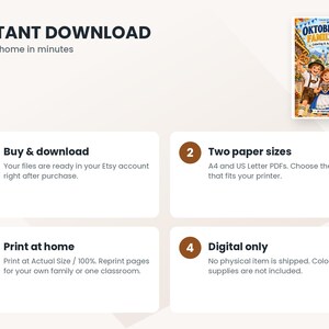 Pode incluir: Um livro digital de colorir e atividades intitulado Oktoberfest Family Fun com ilustra&ccedil;&otilde;es de crian&ccedil;as em trajes tradicionais. O gr&aacute;fico inclui quatro etapas numeradas que explicam o download, o tamanho do papel, a impress&atilde;o e o processo digital.