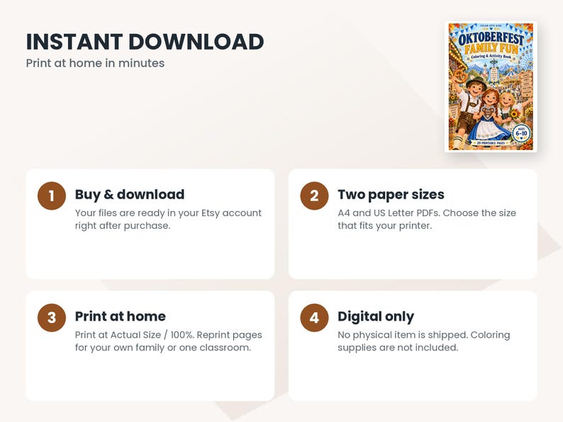 Pode incluir: Um livro digital de colorir e atividades intitulado Oktoberfest Family Fun com ilustra&ccedil;&otilde;es de crian&ccedil;as em trajes tradicionais. O gr&aacute;fico inclui quatro etapas numeradas que explicam o download, o tamanho do papel, a impress&atilde;o e o processo digital.