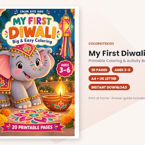 May include: A printable coloring and activity book titled My First Diwali Big & Easy Coloring featuring a cartoon elephant decorated in festive attire, a lit diya lamp, and a colorful rangoli design on the floor with 20 printable pages.
