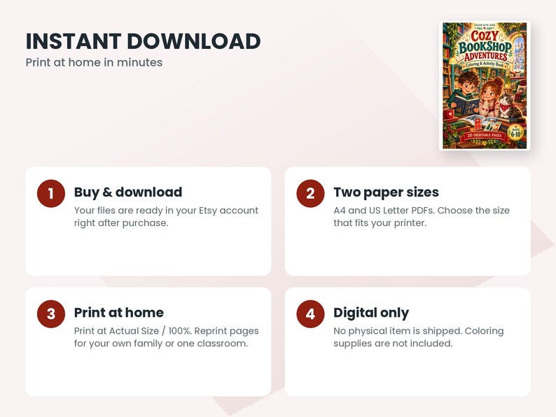 May include: A digital coloring and activity book titled Cozy Bookshop Adventures featuring an illustration of two children and a cat in a library. The graphic includes instructions for instant download, two paper sizes, and printing at home.
