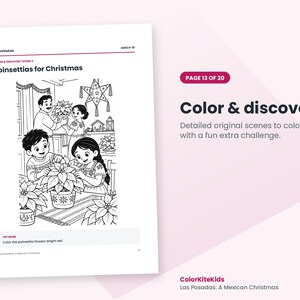 Może przedstawiać: Czarno-biała kolorowanka zatytułowana Poinsettias for Christmas od ColorKiteKids. Ilustracja przedstawia rodzinę dekorującą dom gwiazdami betlejemskimi, gwiazdkową piniatą i szopką bożonarodzeniową. Tekst zawiera Color & discover.