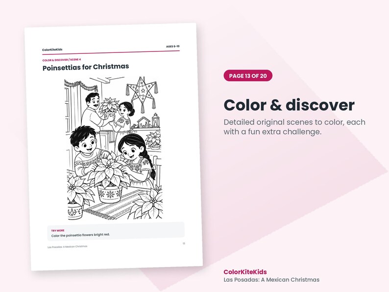 Może przedstawiać: Czarno-biała kolorowanka zatytułowana Poinsettias for Christmas od ColorKiteKids. Ilustracja przedstawia rodzinę dekorującą dom gwiazdami betlejemskimi, gwiazdkową piniatą i szopką bożonarodzeniową. Tekst zawiera Color & discover.