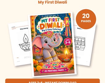 Peut inclure: Un livre de coloriage imprimable de 20 pages intitulé My First Diwali pour les 3-6 ans. La couverture présente un éléphant de dessin animé, une lampe diya allumée et un motif rangoli coloré. Deux pages intérieures montrent des dessins.