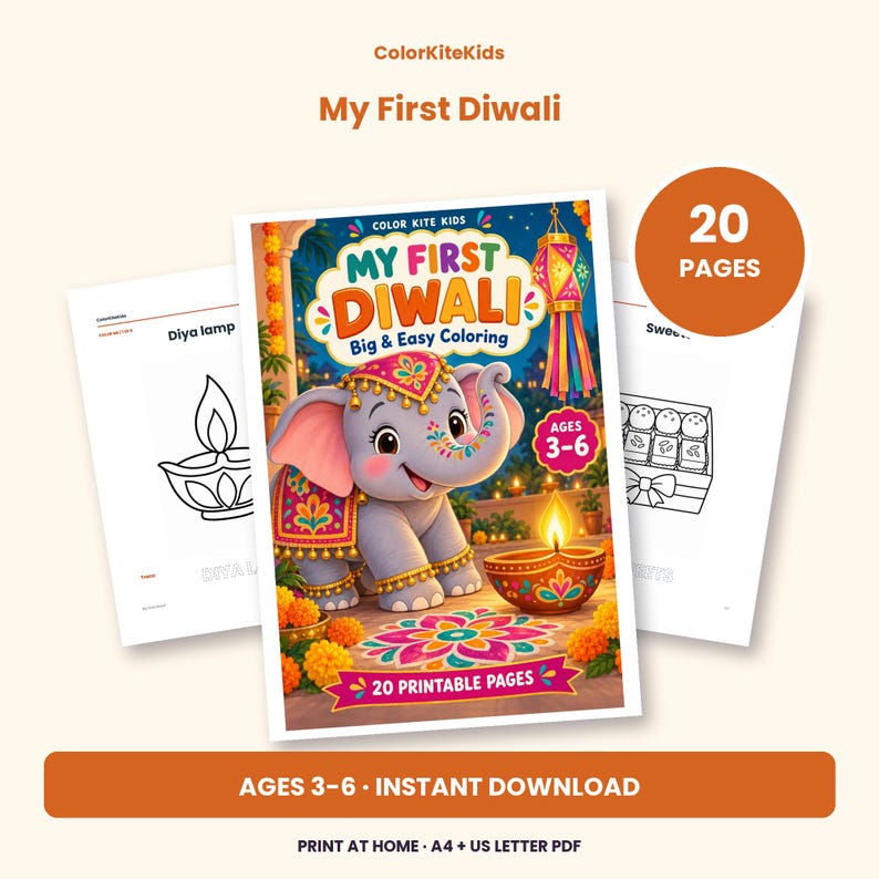 May include: A 20-page printable coloring book titled My First Diwali for ages 3-6. The cover features a cartoon elephant, a lit diya lamp, and a colorful rangoli design. Two interior pages show line art of a diya lamp and sweets.