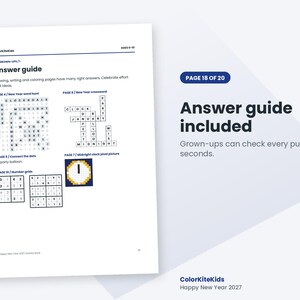 May include: A white activity book page titled Answer guide for grown-ups, featuring solutions for a New Year word hunt, crossword, connect the dots, pixel clock, and number grids. The text includes Page 18 of 20 and ColorKiteKids Happy New Year 2027.