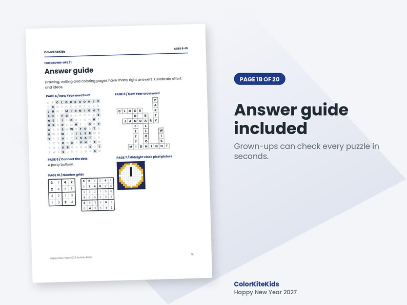 May include: A white activity book page titled Answer guide for grown-ups, featuring solutions for a New Year word hunt, crossword, connect the dots, pixel clock, and number grids. The text includes Page 18 of 20 and ColorKiteKids Happy New Year 2027.