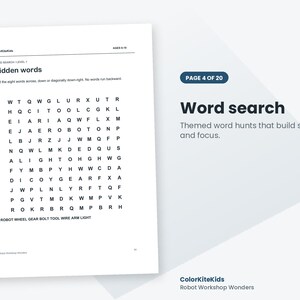 May include: A white activity sheet titled Hidden words with a grid of letters for a word search puzzle. The text includes ColorKiteKids, AGES 9-10, and a list of words to find: ROBOT, WHEEL, GEAR, BOLT, TOOL, WIRE, ARM, LIGHT.