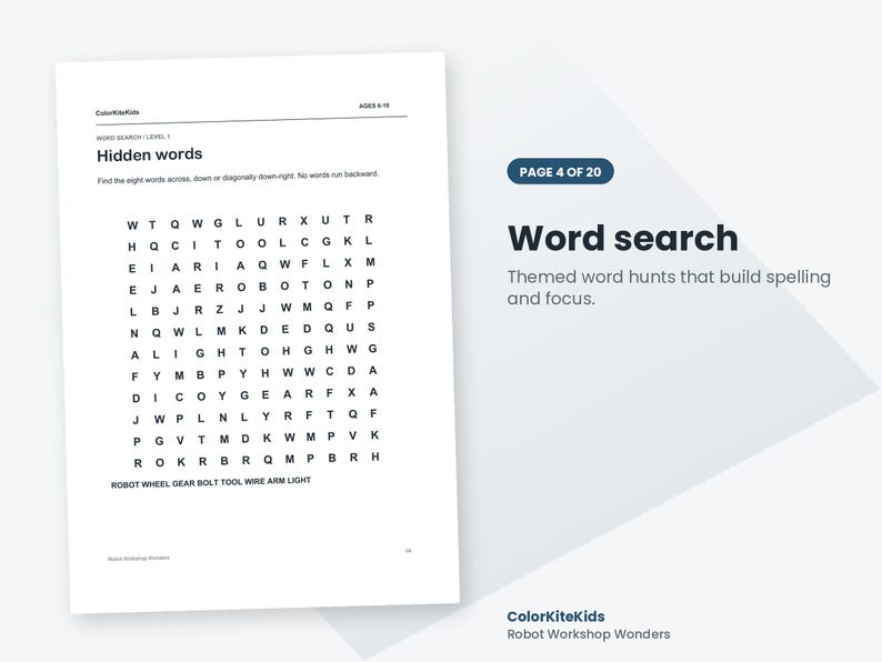 May include: A white activity sheet titled Hidden words with a grid of letters for a word search puzzle. The text includes ColorKiteKids, AGES 9-10, and a list of words to find: ROBOT, WHEEL, GEAR, BOLT, TOOL, WIRE, ARM, LIGHT.