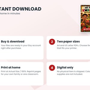 May include: A digital coloring book titled My First Kwanzaa Big & Easy Coloring for ages 3-6, featuring an illustration of two children with a kinara, fruit, and drum. The graphic includes instructions for buying, downloading, and printing.