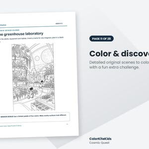 May include: A coloring page titled The greenhouse laboratory featuring line art of robots tending to plants in a glass dome structure. The page includes text instructions, a mission bonus box, and the header ColorKiteKids Cosmic Quest.