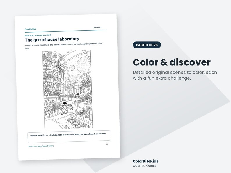 May include: A coloring page titled The greenhouse laboratory featuring line art of robots tending to plants in a glass dome structure. The page includes text instructions, a mission bonus box, and the header ColorKiteKids Cosmic Quest.