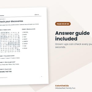 Pode incluir: Um documento branco intitulado Check your discoveries com um guia de respostas para quebra-cabe&ccedil;as infantis. Inclui um ca&ccedil;a-palavras, listas de palavras embaralhadas e solu&ccedil;&otilde;es para atividades por n&uacute;mero de p&aacute;gina. O texto ColorKiteKids aparece no topo.
