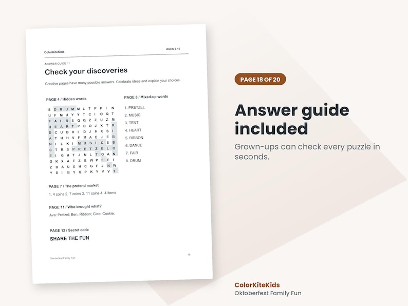 Pode incluir: Um documento branco intitulado Check your discoveries com um guia de respostas para quebra-cabe&ccedil;as infantis. Inclui um ca&ccedil;a-palavras, listas de palavras embaralhadas e solu&ccedil;&otilde;es para atividades por n&uacute;mero de p&aacute;gina. O texto ColorKiteKids aparece no topo.