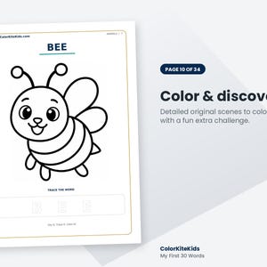 May include: A white coloring page featuring a black outline of a bee with the text BEE at the top and TRACE THE WORD with the letters B E E in a box below. The page includes the text ColorKiteKids.com, ANIMALS 1, and Say it, Trace it, Color it.
