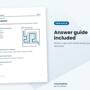 May include: A white document page titled Answers with blue text headers. It lists solutions for activities including counting shapes, a maze with a blue path, identifying differences, matching pairs, and connecting numbers 1 to 10 for children.