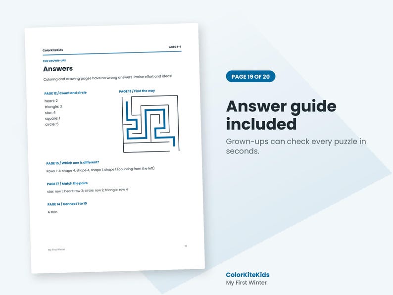 May include: A white document page titled Answers with blue text headers. It lists solutions for activities including counting shapes, a maze with a blue path, identifying differences, matching pairs, and connecting numbers 1 to 10 for children.