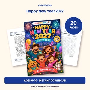 May include: A digital activity book titled Happy New Year 2027 for ages 6-10, featuring a colorful cover with a family, a dog, and a cat celebrating under fireworks. The set includes 20 printable pages in PDF format for instant download.