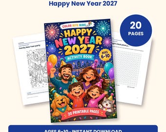 Peut inclure: Un livre d'activités numérique intitulé Happy New Year 2027 pour les 6-10 ans, avec une couverture colorée montrant une famille, un chien et un chat célébrant sous des feux d'artifice. Inclut 20 pages imprimables en format PDF.