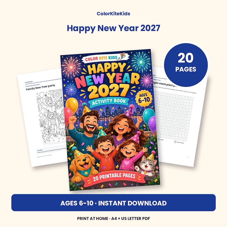 May include: A digital activity book titled Happy New Year 2027 for ages 6-10, featuring a colorful cover with a family, a dog, and a cat celebrating under fireworks. The set includes 20 printable pages in PDF format for instant download.