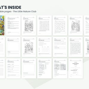 May include: A digital collection titled The Little Nature Club featuring 20 printable activity pages. The set includes a colorful cover page and nineteen black and white worksheets with word searches, mazes, nature journals, and writing prompts.