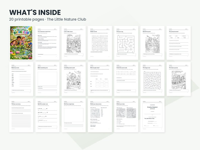 May include: A digital collection titled The Little Nature Club featuring 20 printable activity pages. The set includes a colorful cover page and nineteen black and white worksheets with word searches, mazes, nature journals, and writing prompts.