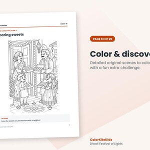 May include: A black and white coloring page titled Sharing sweets from ColorKiteKids. The illustration depicts a family exchanging boxes of sweets at a doorway, with traditional decorations, lamps, and a rangoli design on the floor.