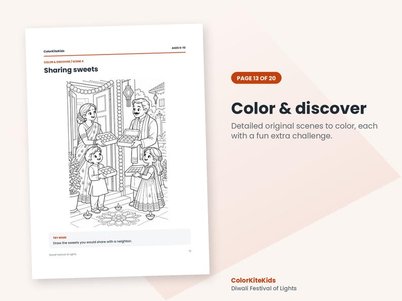 May include: A black and white coloring page titled Sharing sweets from ColorKiteKids. The illustration depicts a family exchanging boxes of sweets at a doorway, with traditional decorations, lamps, and a rangoli design on the floor.