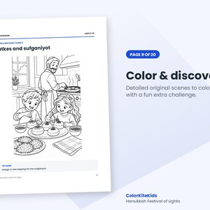 May include: A black and white coloring page titled Latkes and sufganiyot featuring a kitchen scene with a person cooking at a stove and two children decorating round pastries on a table. The page includes text labels and a challenge prompt.