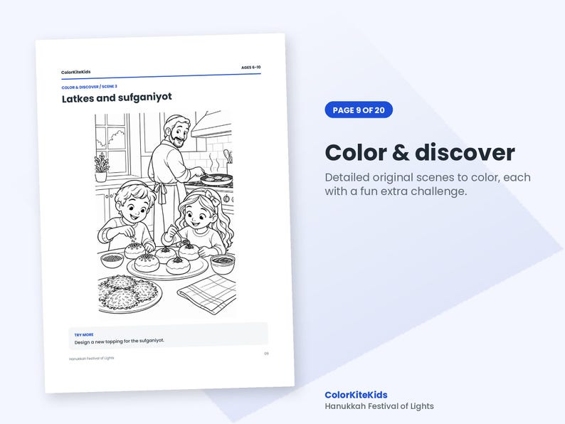 May include: A black and white coloring page titled Latkes and sufganiyot featuring a kitchen scene with a person cooking at a stove and two children decorating round pastries on a table. The page includes text labels and a challenge prompt.
