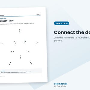 May include: A white activity sheet titled Connect 1 to 10 with black text and numbered dots arranged in a star shape. The page includes instructions to join the numbers, a try more section, and the brand name ColorKiteKids at the top and bottom.