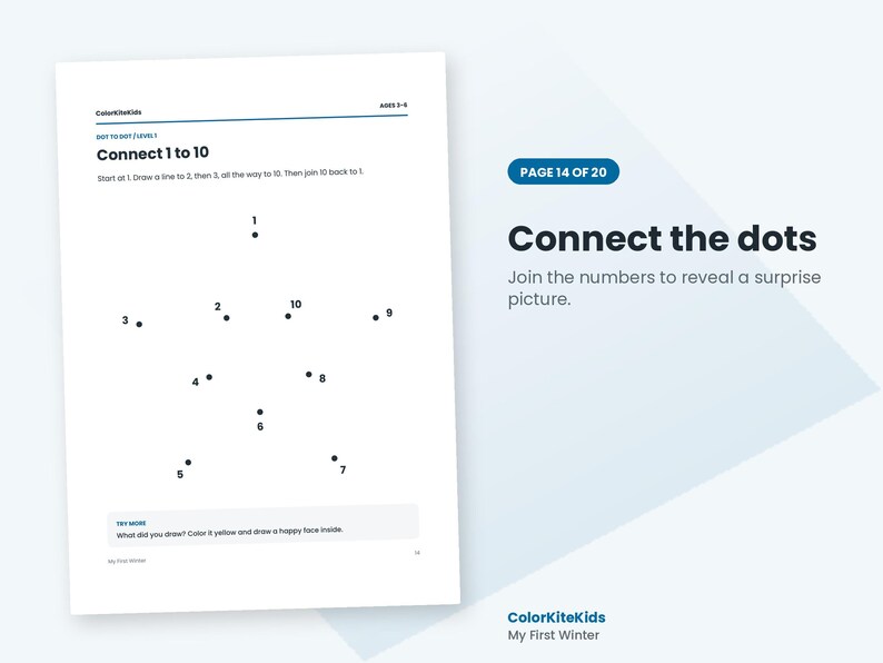 May include: A white activity sheet titled Connect 1 to 10 with black text and numbered dots arranged in a star shape. The page includes instructions to join the numbers, a try more section, and the brand name ColorKiteKids at the top and bottom.