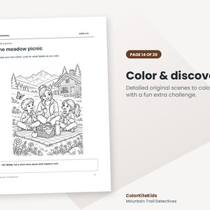 May include: A black and white colouring page titled The meadow picnic featuring a family of three sitting on a blanket with a picnic basket, a thermos, and an apple. The background shows a cabin and mountains. Text includes ColorKiteKids, AGES 8-10, and TRY MORE Tell a short story about what happens next.
