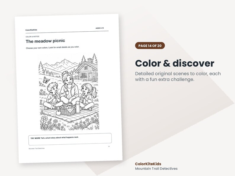 May include: A black and white colouring page titled The meadow picnic featuring a family of three sitting on a blanket with a picnic basket, a thermos, and an apple. The background shows a cabin and mountains. Text includes ColorKiteKids, AGES 8-10, and TRY MORE Tell a short story about what happens next.