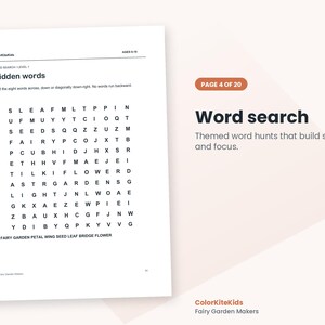 May include: A white printable activity sheet titled Hidden words with a grid of black letters for a word search puzzle. The page includes the text ColorKiteKids, AGES 8-10, and a list of words to find including Fairy, Garden, Petal, Wing, Seed, Leaf, Bridge, and Flower.